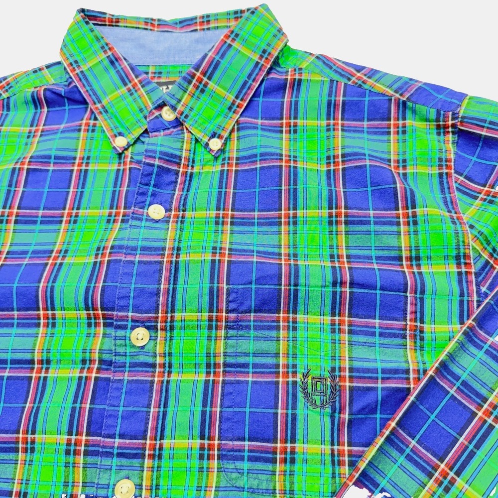 Ralph Lauren Chaps Men's Medium Shirt Bright Grass Plaid Long Sleeve 100% Cotton
